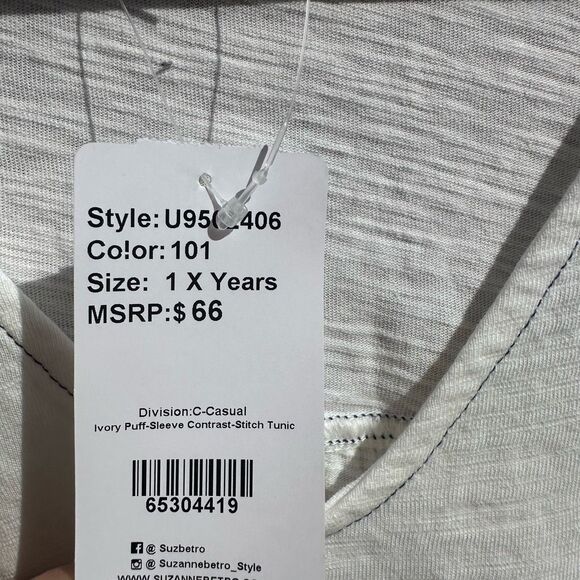 Suzanne Betro Weekend Women's short Sleeve Contrast Stitch Tunic Top Ivory 1X NE - Picture 2 of 5